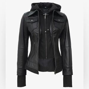 Decrum Genuine Real Black Leather Zip-Front Jacket with removable hoodie NWT